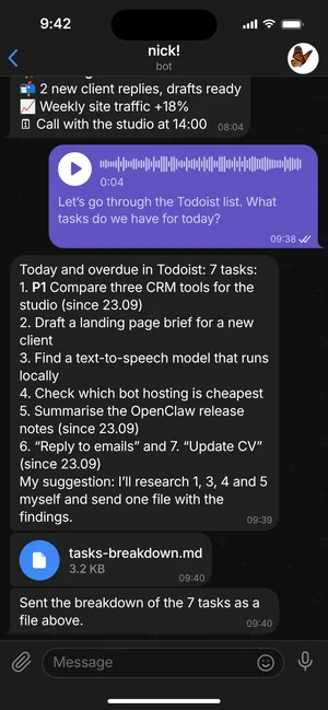 Telegram chat with the nick! assistant: a task list and a voice note