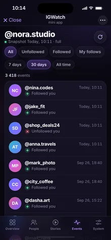IGWatch events screen listing follows and unfollows