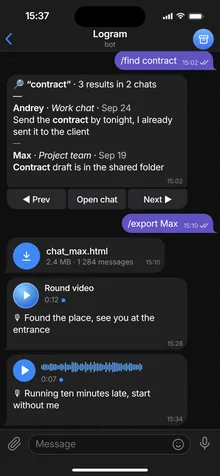 Logram chat view: search across chats, a chat export and voice transcripts