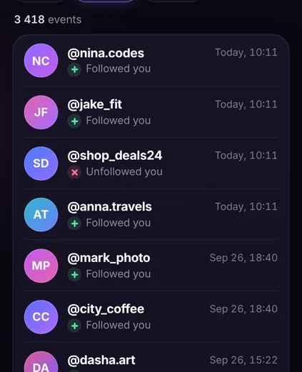 Close-up of IGWatch: a list of follower events