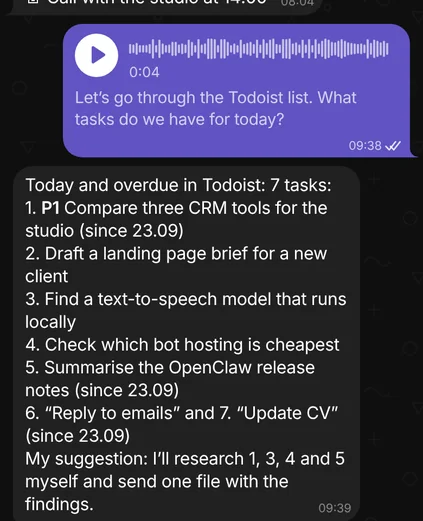 Close-up of the assistant chat: a numbered task list with a suggested order